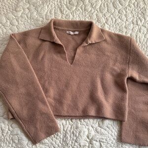 Cropped V-Neck Collared Sweater in Dusty Rose
